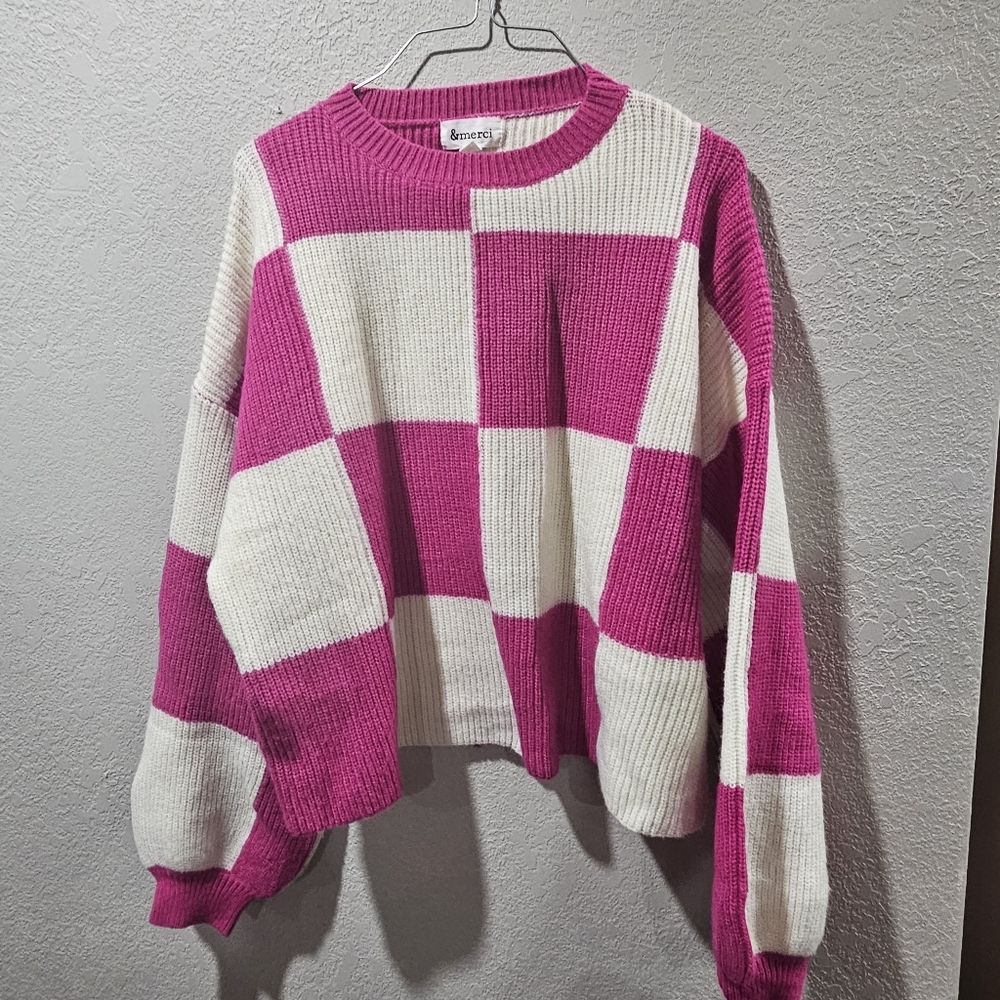 &merci Fuchsia and Ivory Checkered Sweater Cropped  Boutique Medium